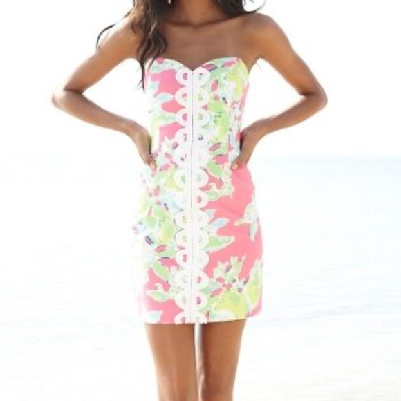 Lilly Pulitzer Pink Lemonade Print Strapless  Lace Trim Dress Size 2 - Picture 3 of 10